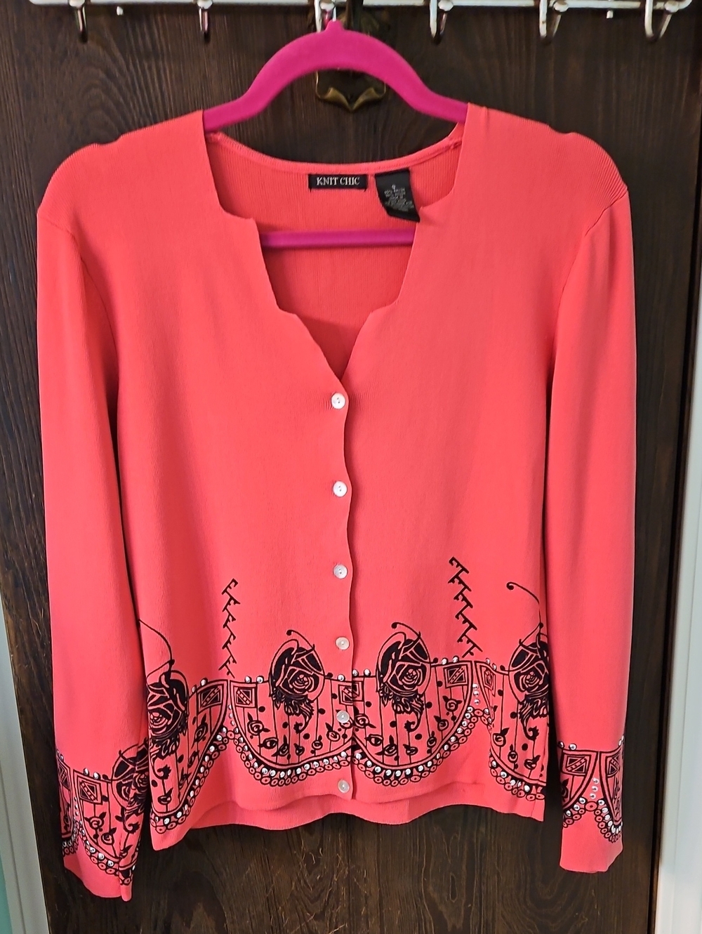 Coral Button-Front Shirt with Black Floral Border